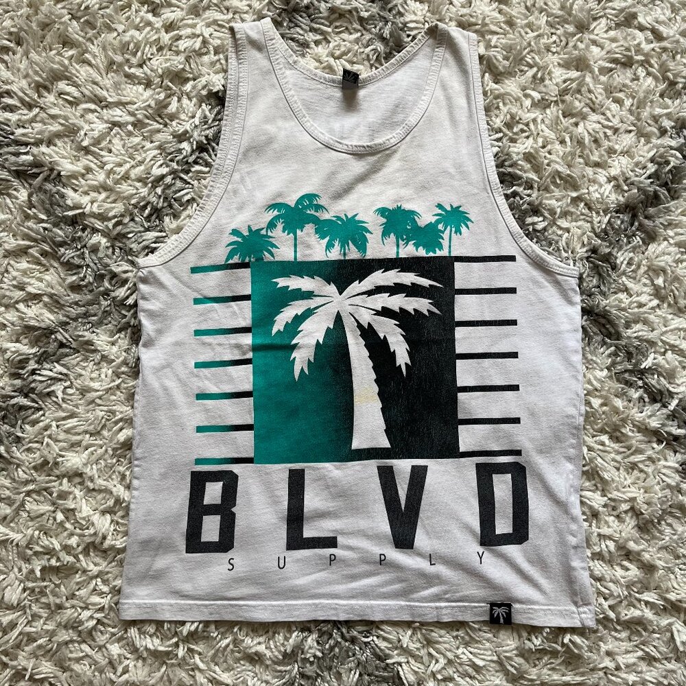Blvd Supply Men's Beach Palm Tree Tank Top White Size Medium
